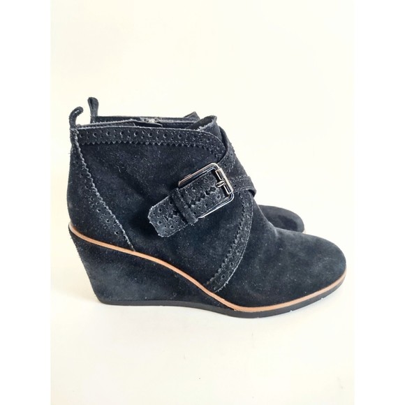 Franco Sarto Boot 7 M Arielle Wedge Buckle Monk Strap Ankle Bootie Black Leather - Picture 1 of 8